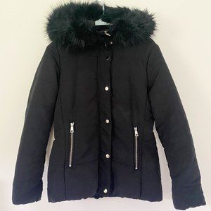 H&M Black Winter Coat Parka Faux Fur Hood